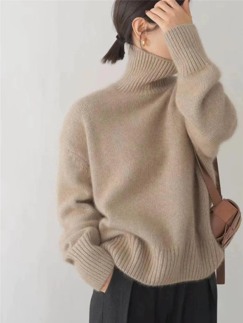 elegant khaki cashmere high neck sweater for women sophisticated feminine fashion perfect for office outfits and stylish occasions