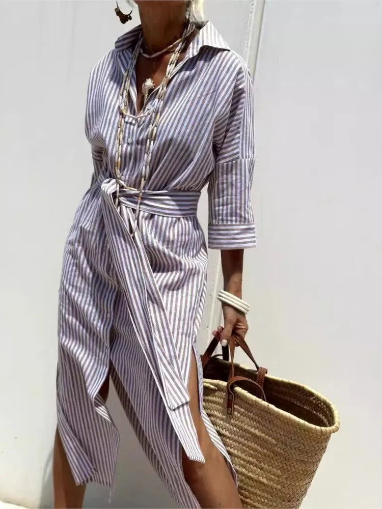 elegant khaki vertically striped shirt midi dress for women with three quarter sleeves button front and adjustable waist tie ideal for vacations outdoor walks beach holidays and effortless everyday style