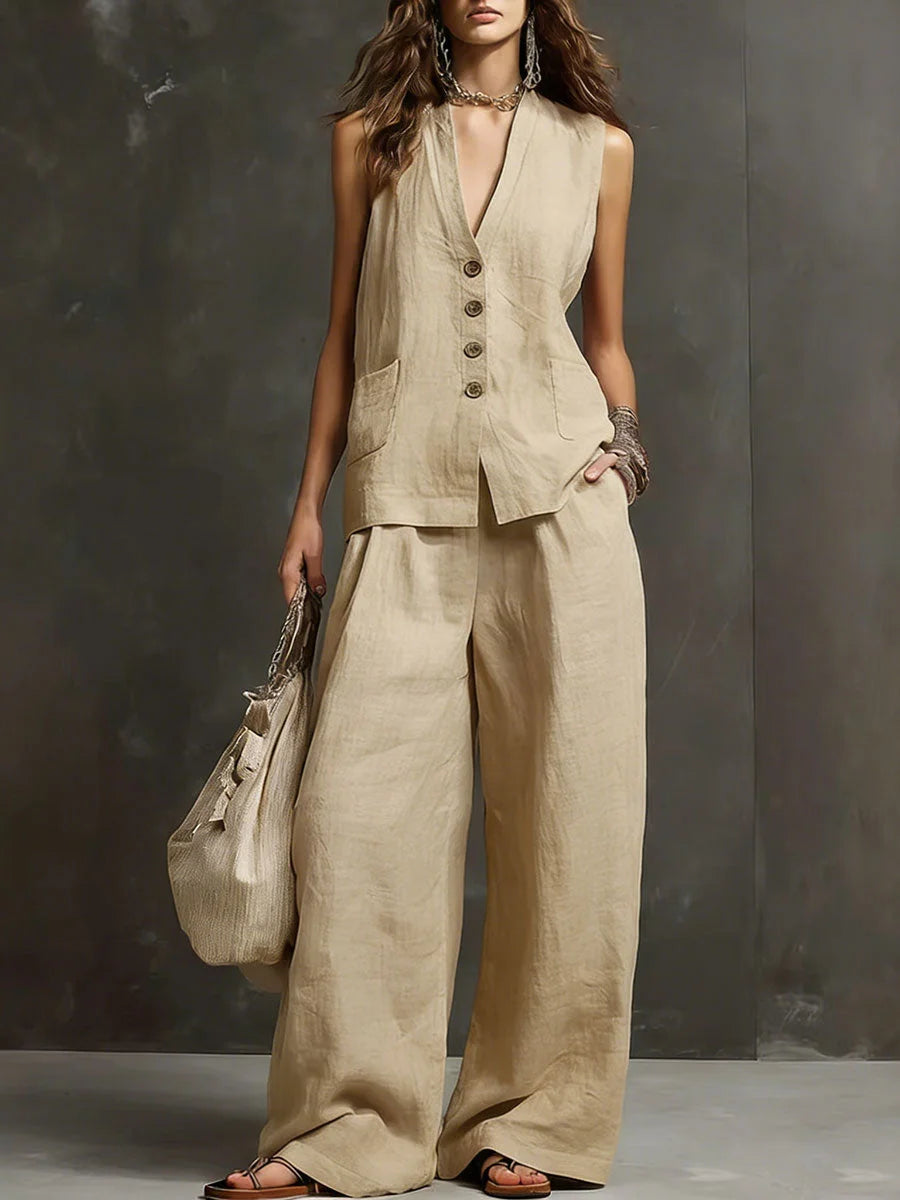 elegant khaki two piece set for women with v neck button top and wide leg pants refined feminine fashion perfect for events and casual chic outfits