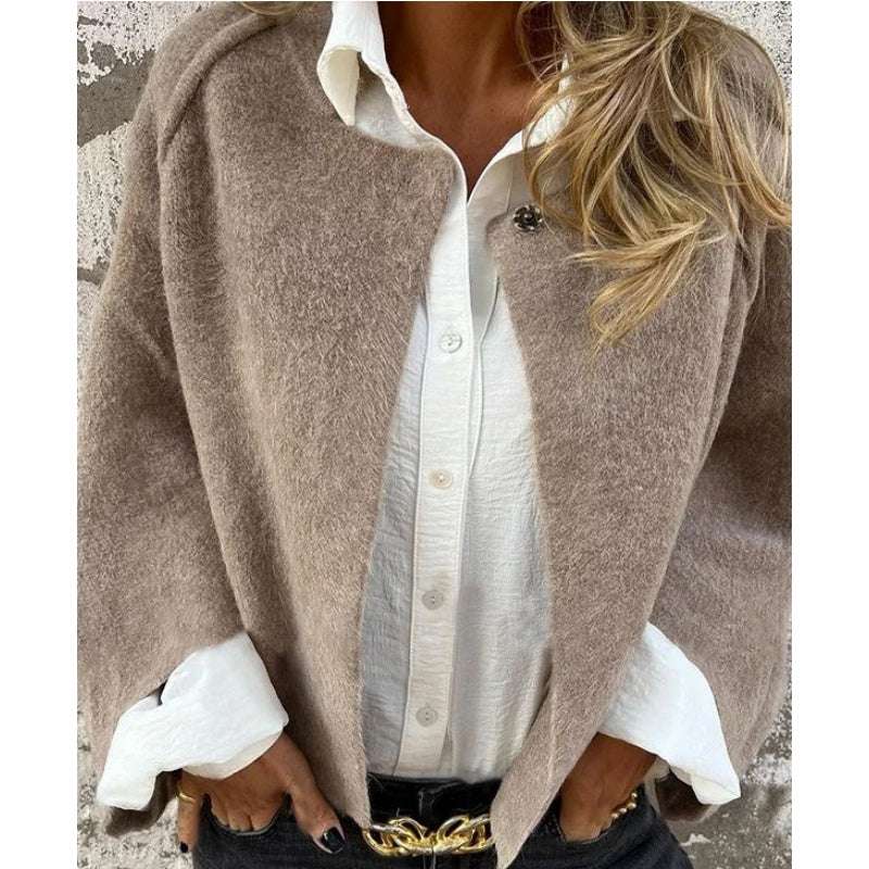 elegant khaki wool cape for women with front closure sophisticated feminine fashion perfect for stylish outfits and special occasions