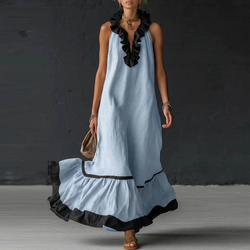 elegant light blue colorblock ruffle maxi dress for women with v neck refined feminine fashion perfect for events dinners and stylish occasions