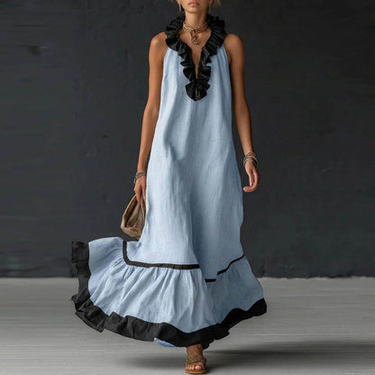 elegant light blue colorblock ruffle maxi dress for women with v neck refined feminine fashion perfect for events dinners and stylish occasions