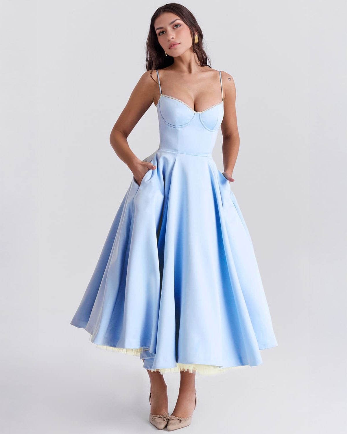 elegant light blue duchess satin midi dress for women with corset bodice sweetheart neckline and tulle underskirt refined feminine style for weddings and formal celebrations