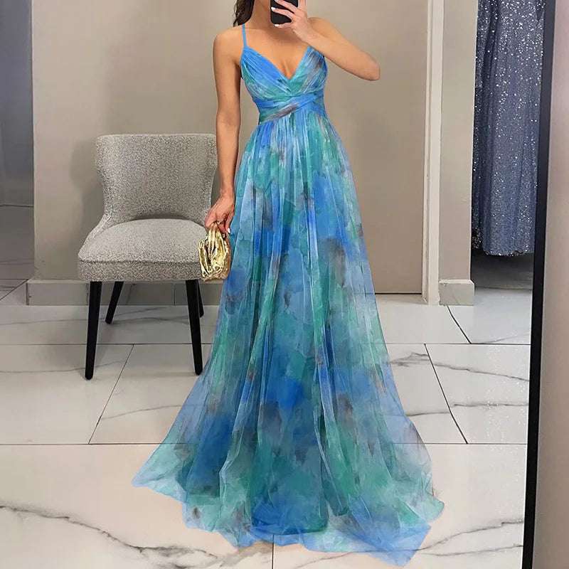elegant light blue floral pleated maxi dress for women with airy silhouette timeless romantic style ideal for weddings celebrations and summer occasions