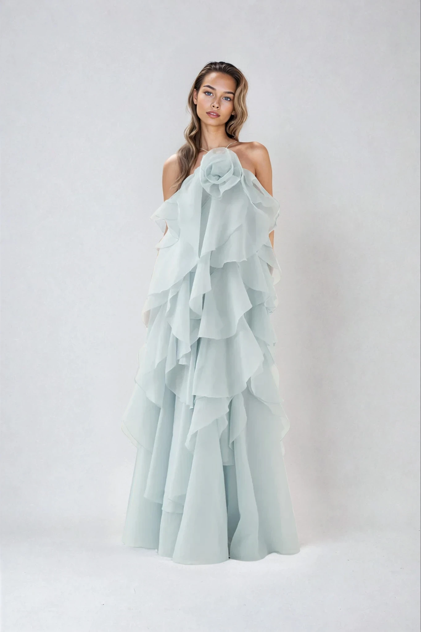 elegant light blue halter maxi dress for women with cascading ruffle layers and flowing silhouette ideal for wedding guests celebrations and sophisticated summer events