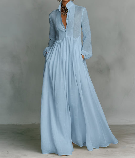 elegant light blue cotton linen maxi dress for women with mao collar minimalist silhouette and breathable fabric ideal for summer outings vacations relaxed events and refined everyday style