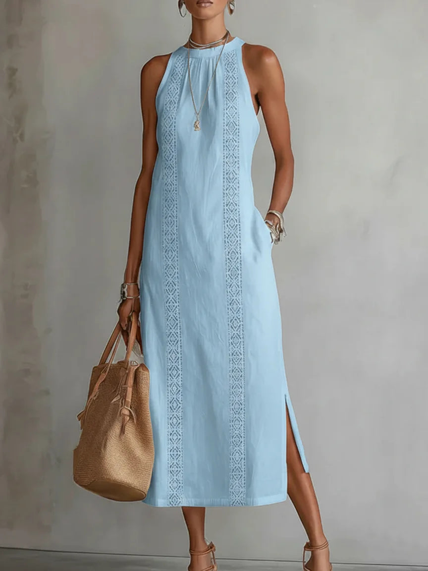 elegant light blue off shoulder maxi dress for women with slit round neck sleeveless refined feminine fashion perfect for outings and occasions