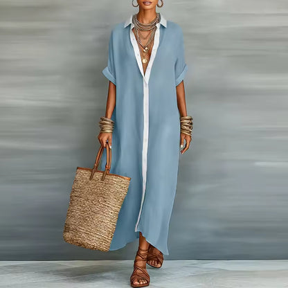 elegant light blue shirt maxi dress for women with lapel collar button front and short sleeves relaxed sophisticated style ideal for travel office wear and versatile day to night outfits