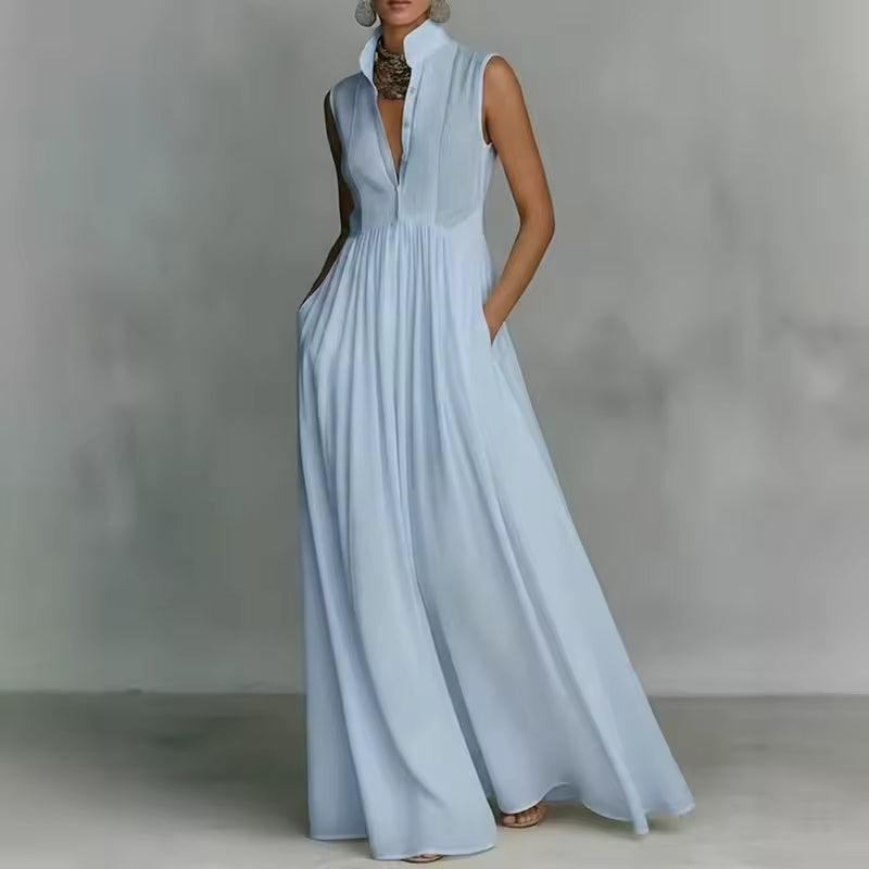 elegant light blue sleeveless maxi dress for women with mao collar buttons and pleated skirt refined feminine fashion perfect for stylish occasions
