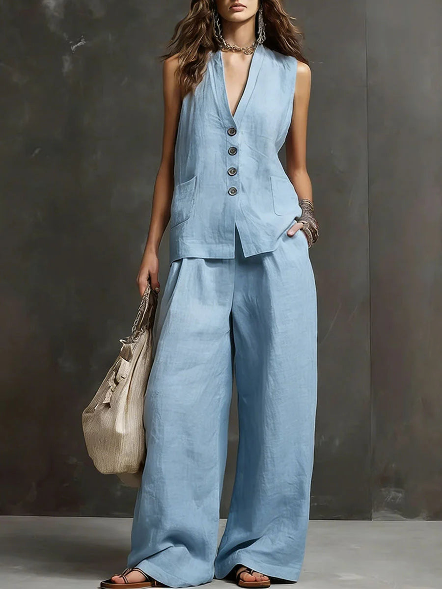 elegant light blue two piece set for women with v neck button top and wide leg pants refined feminine fashion perfect for events and stylish occasions