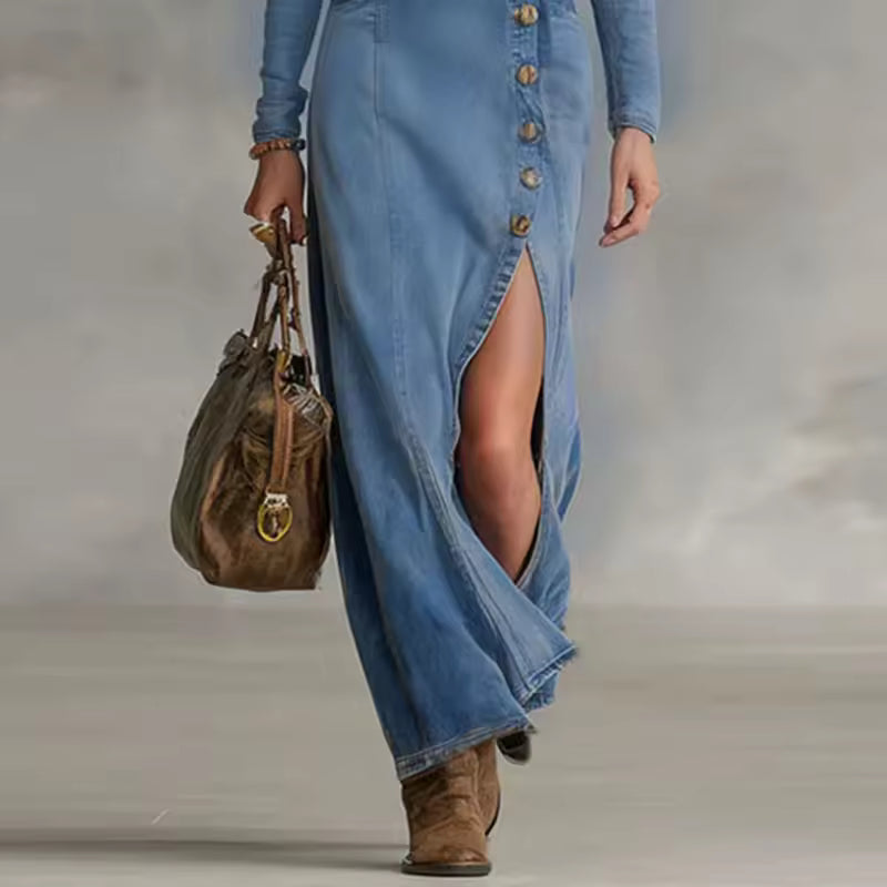 elegant blue denim maxi dress for women with deep v neck long sleeves and asymmetric button front refined feminine fashion perfect for events