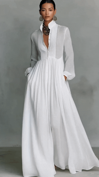 minimalist cotton linen maxi dress for women shown in white blue and black with long sleeves and mao collar versatile quiet luxury fashion for travel and everyday elegance