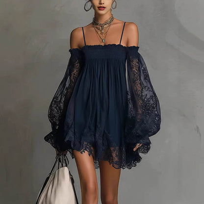 elegant off shoulder lace mini dress for women with balloon sleeves sophisticated feminine fashion perfect for events parties and special occasions