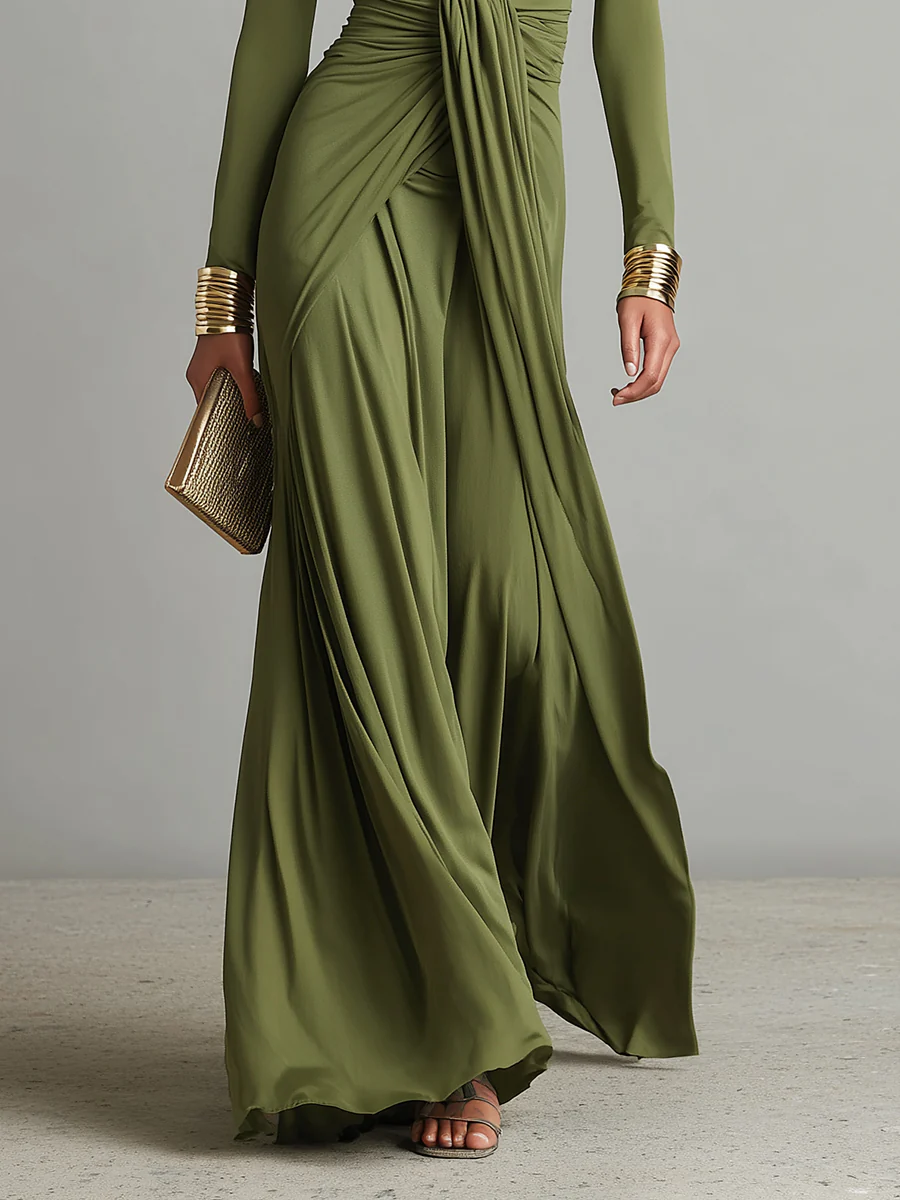 elegant olive green pleated maxi dress for women with v neck sophisticated feminine fashion perfect for events dinners and stylish occasions