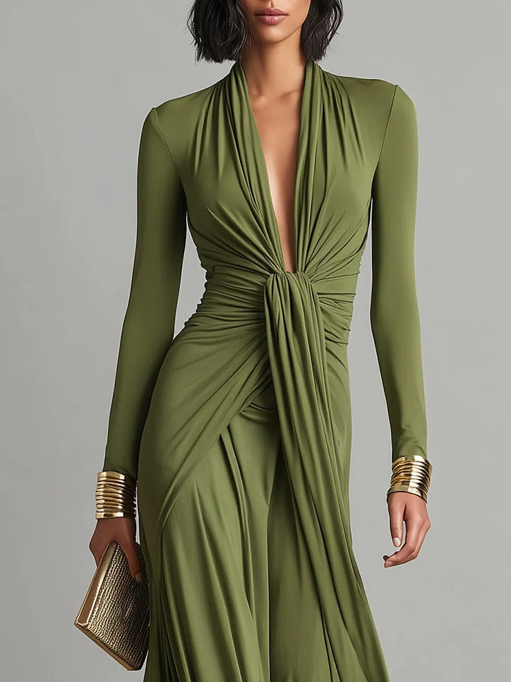 elegant olive green v neck pleated maxi dress for women refined feminine fashion perfect for events dinners and elegant occasions
