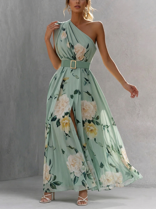 elegant one shoulder floral chiffon maxi dress for women with slit sophisticated feminine fashion perfect for events dinners and special occasions