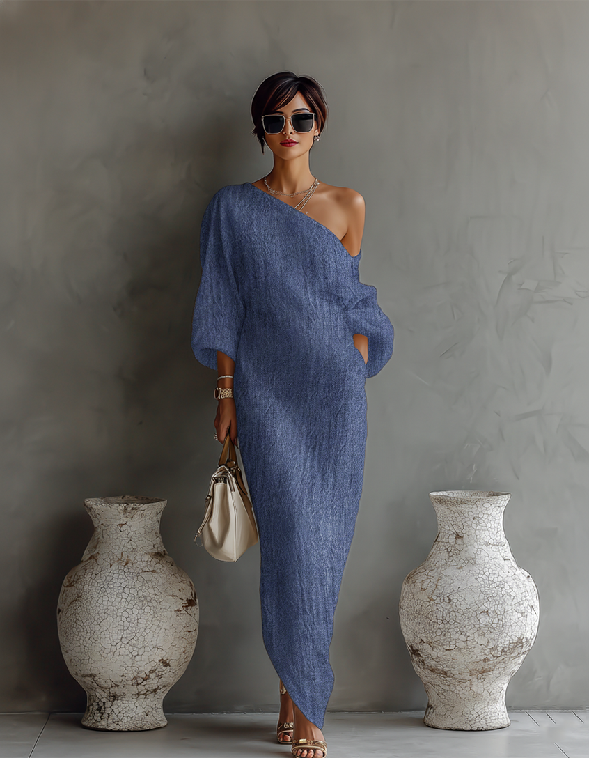 elegant blue one shoulder maxi dress for women sophisticated feminine fashion perfect for events dinners and special occasions