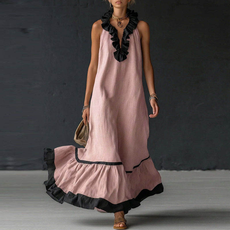 elegant pink colorblock ruffle maxi dress for women with v neck sophisticated feminine fashion perfect for events and special occasions