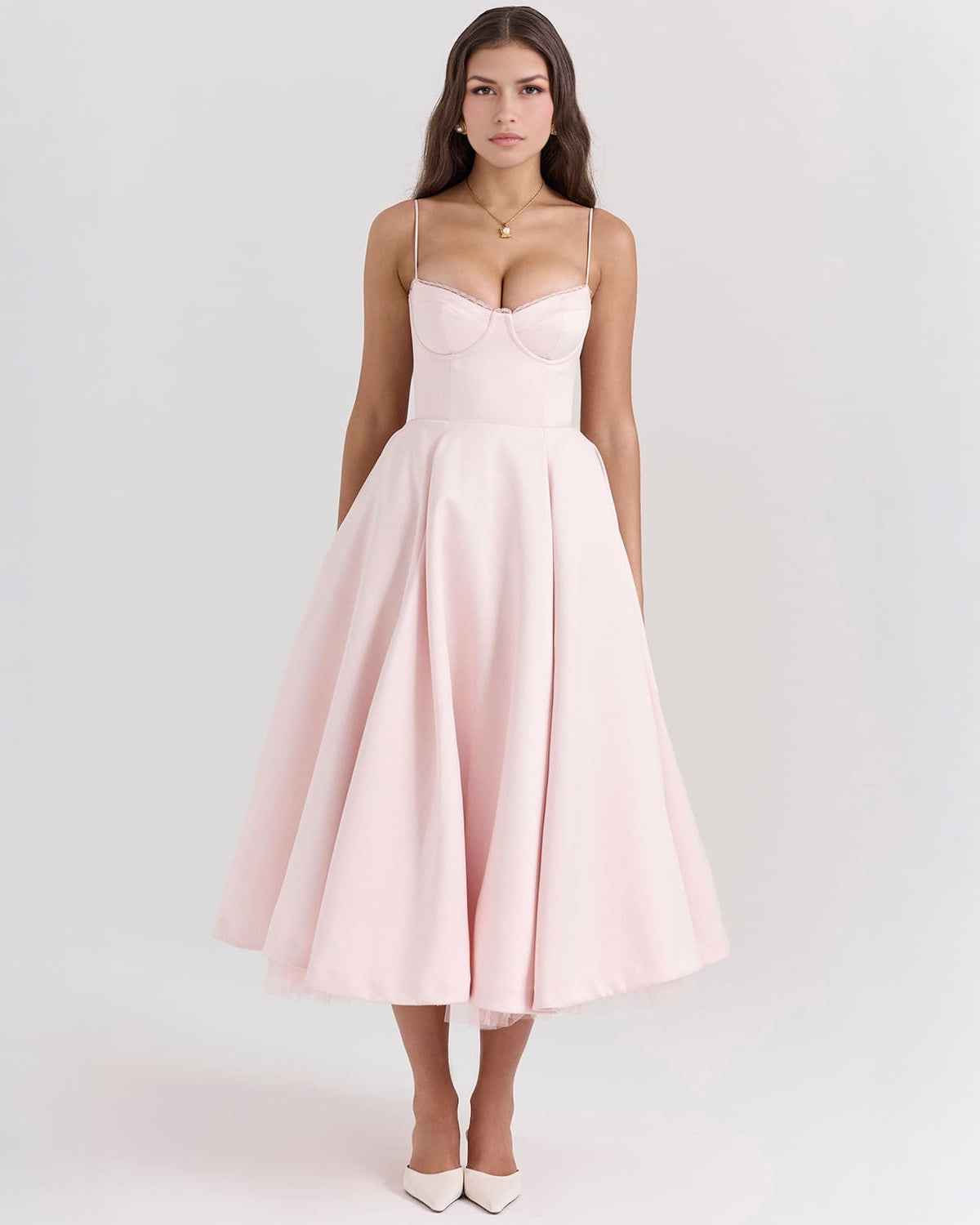 elegant pink duchess satin midi dress for women with structured corset bodice sweetheart neckline and soft tulle volume perfect for wedding guests cocktail parties and elegant occasions