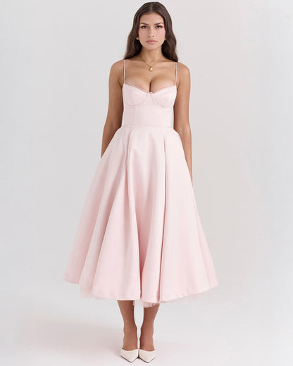 elegant pink duchess satin midi dress for women with structured corset bodice sweetheart neckline and soft tulle volume perfect for wedding guests cocktail parties and elegant occasions