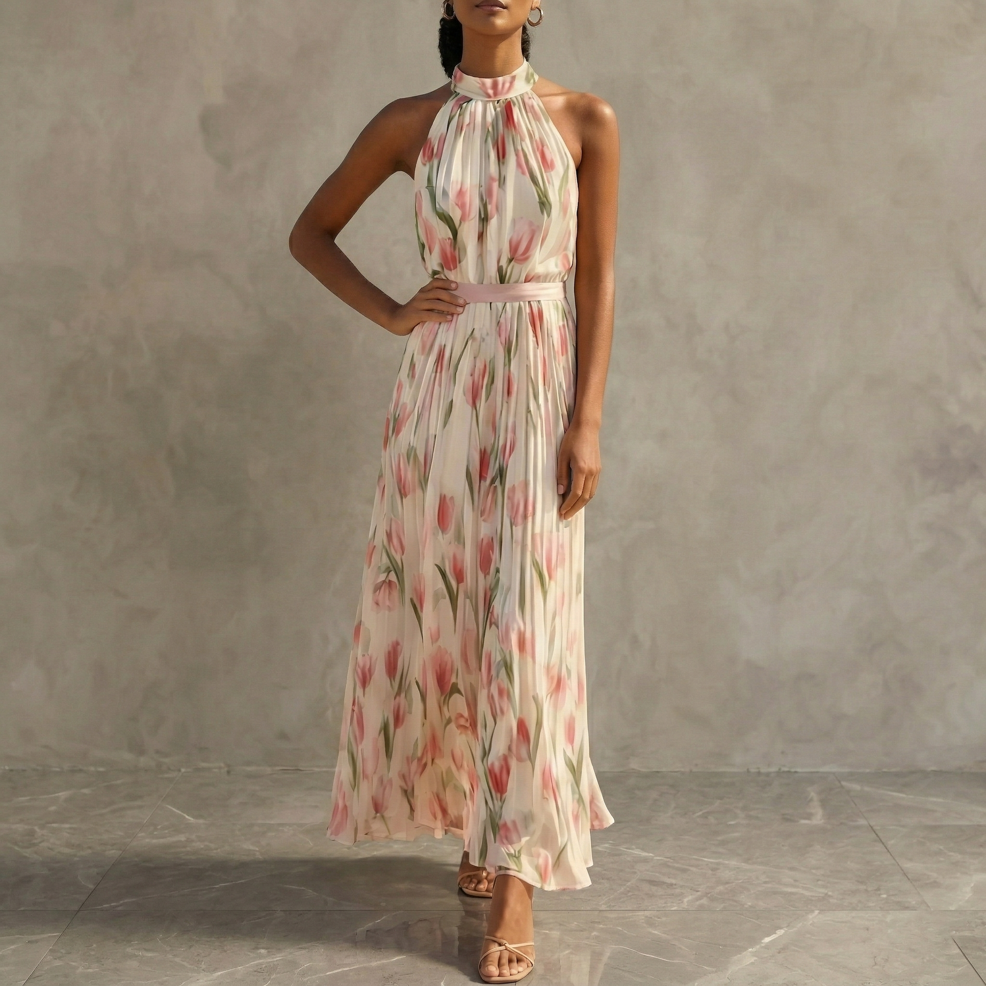 pink floral halter dress FLORAL SLEEVELESS HALTER MAXI DRESS – Loopy Wear