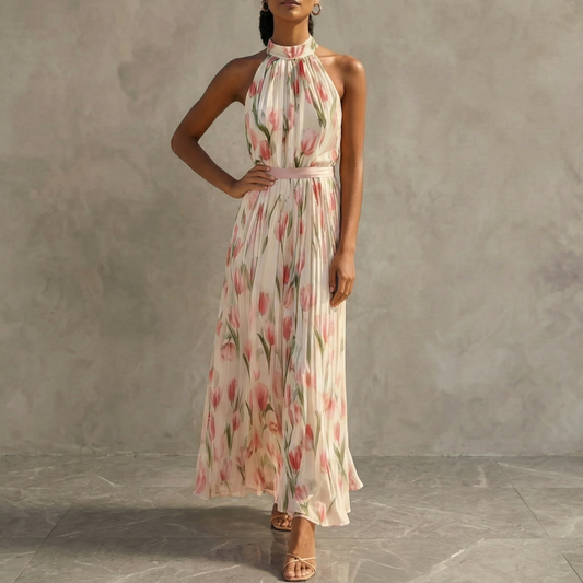 elegant pink floral halter maxi dress for women sleeveless front view sophisticated feminine fashion perfect for events and special occasions