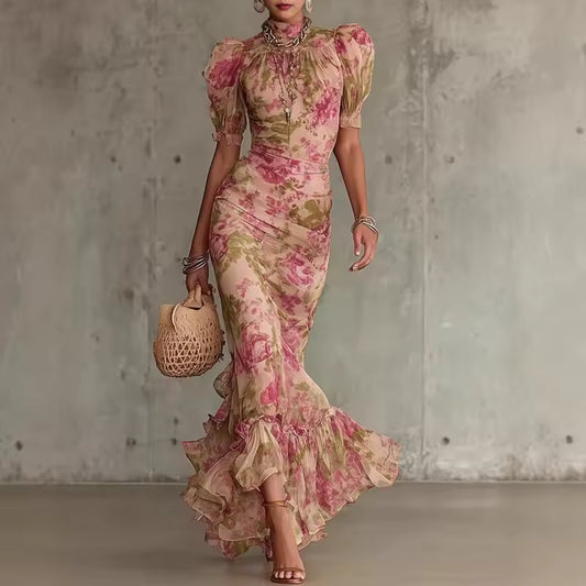 elegant pink floral maxi dress for women with high neck puff sleeves and ruffles sophisticated feminine fashion perfect for events and special occasions