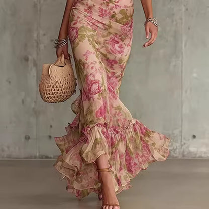 elegant pink floral maxi dress for women skirt detail with ruffles and flowy fabric refined feminine fashion perfect for stylish occasions