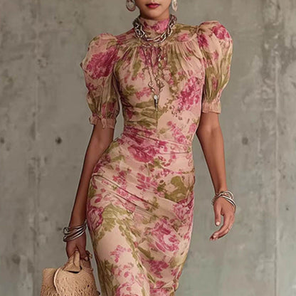 elegant pink floral maxi dress for women top detail with high neck and puff sleeves sophisticated feminine fashion perfect for events