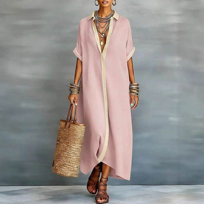 elegant pink shirt maxi dress for women with lapel collar button front and short sleeves refined feminine style ideal for brunches travel occasions and sophisticated everyday outfits