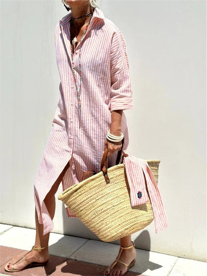 full body side view of pink striped shirt midi dress in motion featuring lightweight fabric and effortless elegance for travel vacations and relaxed summer occasions