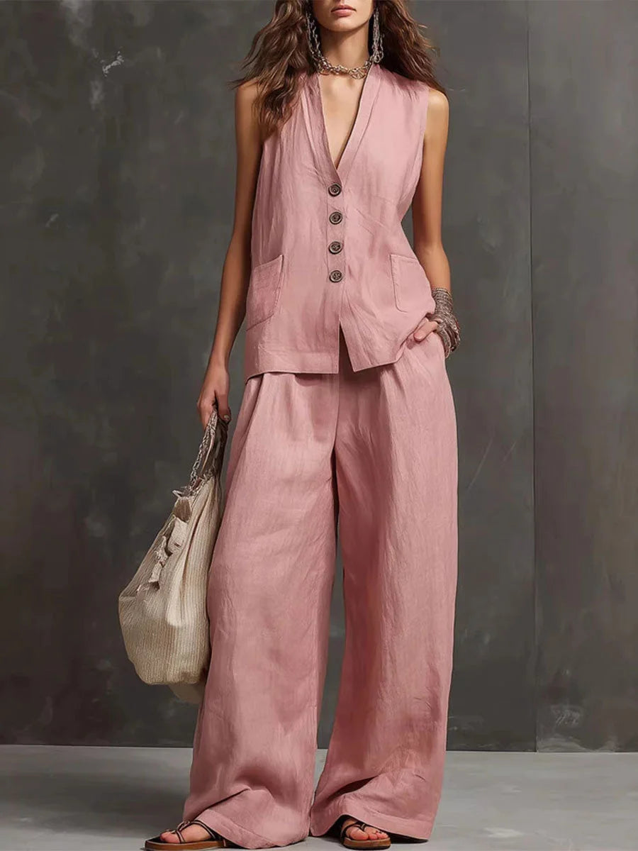 elegant pink two piece set for women with v neck button top and wide leg pants refined feminine fashion perfect for events and stylish occasions