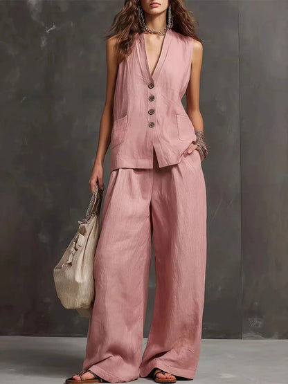elegant pink two piece set for women with v neck button top and wide leg pants refined feminine fashion perfect for events and stylish occasions