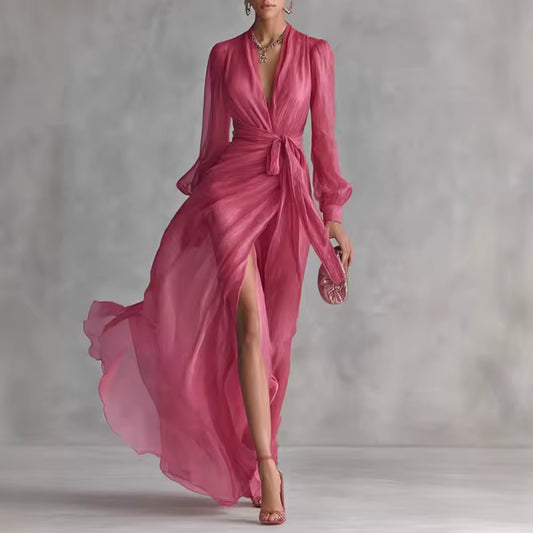 elegant pink chiffon maxi dress for women with v neck long sleeves and belt flowy skirt sophisticated feminine fashion perfect for events and occasions