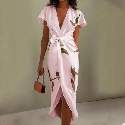 elegant pink wrap maxi dress for women with v neck and bow refined feminine fashion perfect for events dinners and stylish occasions