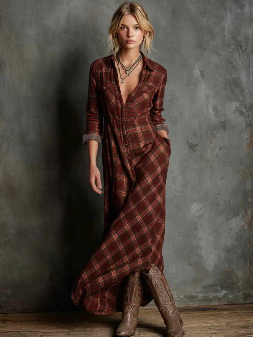 plaid-lapel-maxi-shirt-dress