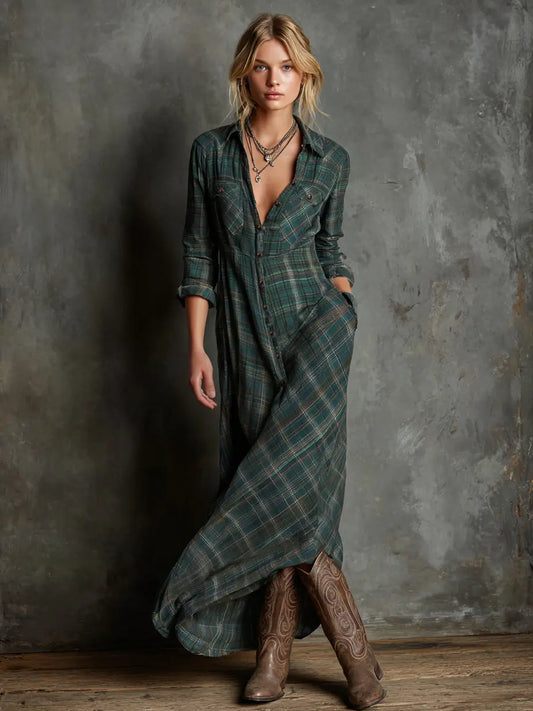 elegant plaid shirt maxi dress for women with lapel collar refined feminine fashion perfect for stylish outfits office looks and casual chic occasions