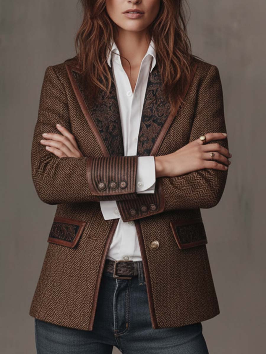 sophisticated tweed blazer for women with printed panels elegant feminine fashion ideal for office outfits events and stylish occasions
