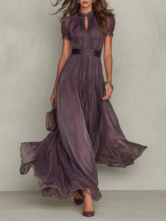 elegant purple maxi dress for women with high neck lace details and defined waist sophisticated silhouette ideal for weddings formal events celebrations and special occasions