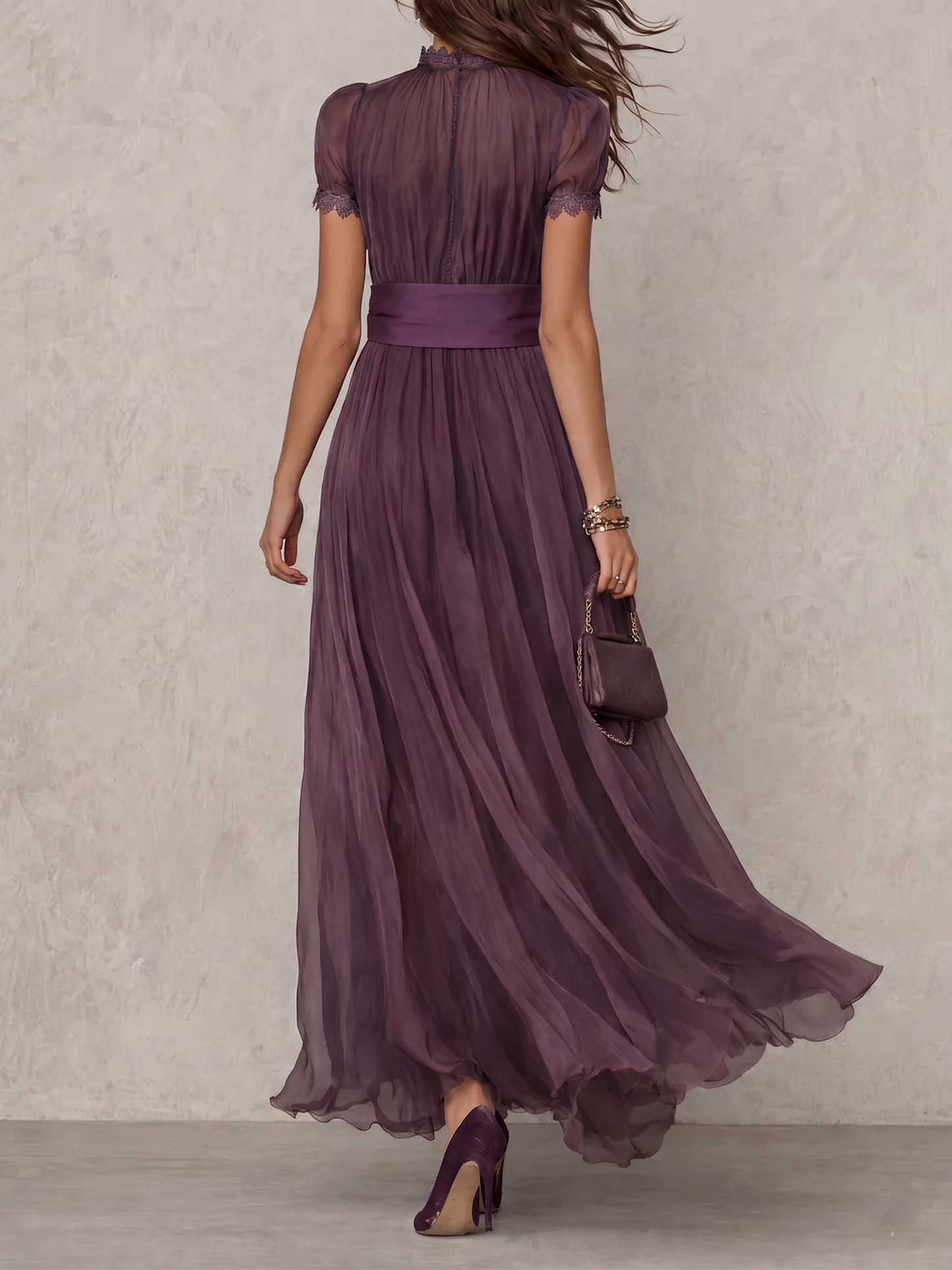 back view of purple maxi dress with high neck lace accents and flowing silhouette timeless feminine style for celebrations weddings and elegant occasions