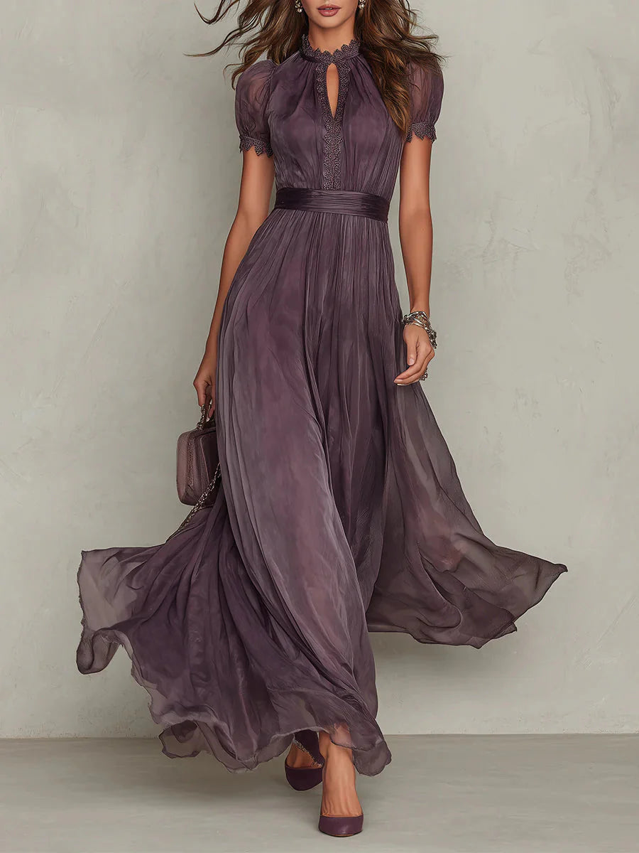 elegant purple high neck maxi dress for women front view sophisticated feminine fashion perfect for events dinners and special occasions