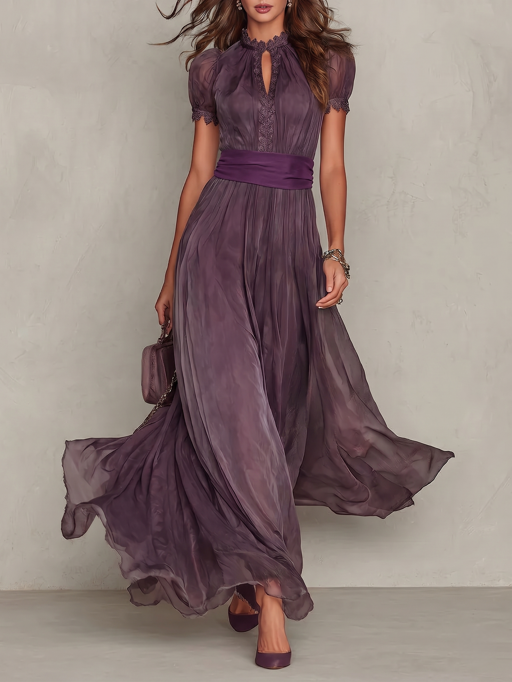 elegant purple maxi dress for women with high neck lace details and waist defining belt sophisticated silhouette perfect for weddings events and formal celebrations