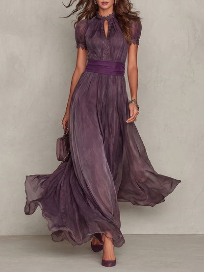 elegant purple maxi dress for women with high neck lace details and waist defining belt sophisticated silhouette perfect for weddings events and formal celebrations
