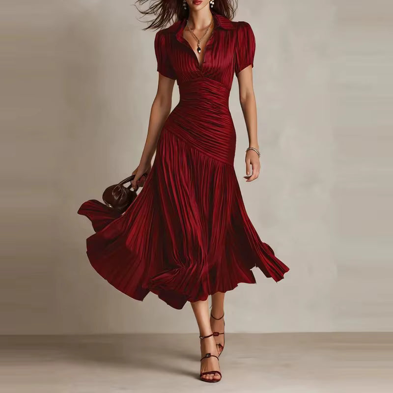 elegant red draped pleated midi dress for women refined feminine fashion perfect for events and stylish occasions