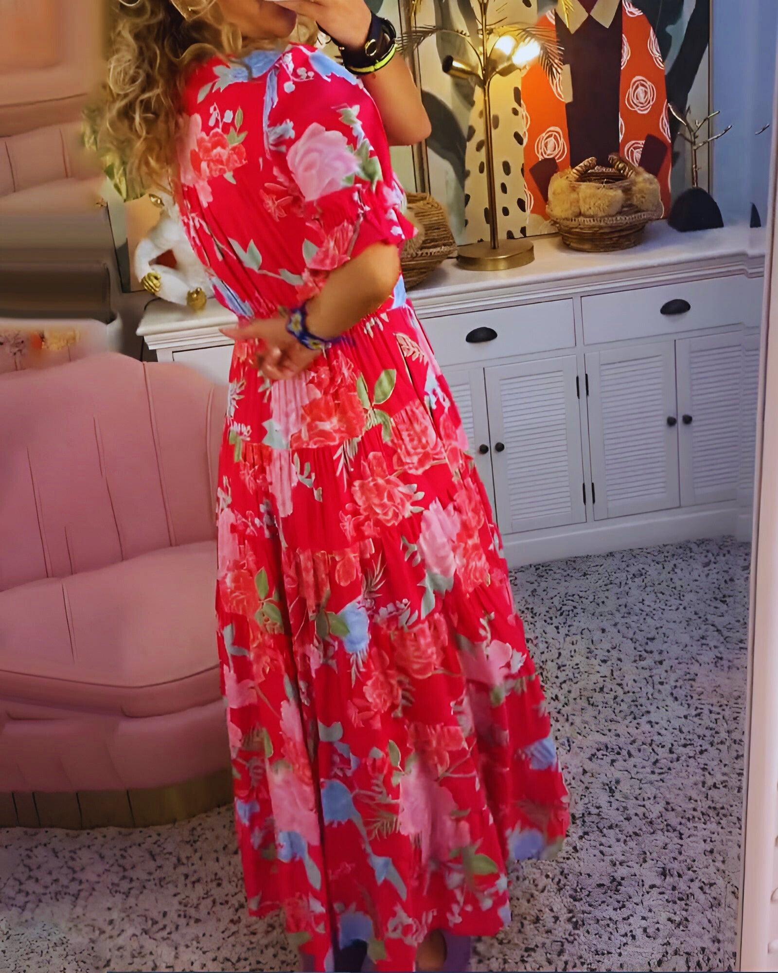 elegant red floral v neck maxi dress for women with three quarter sleeves back view refined feminine fashion perfect for events and occasions