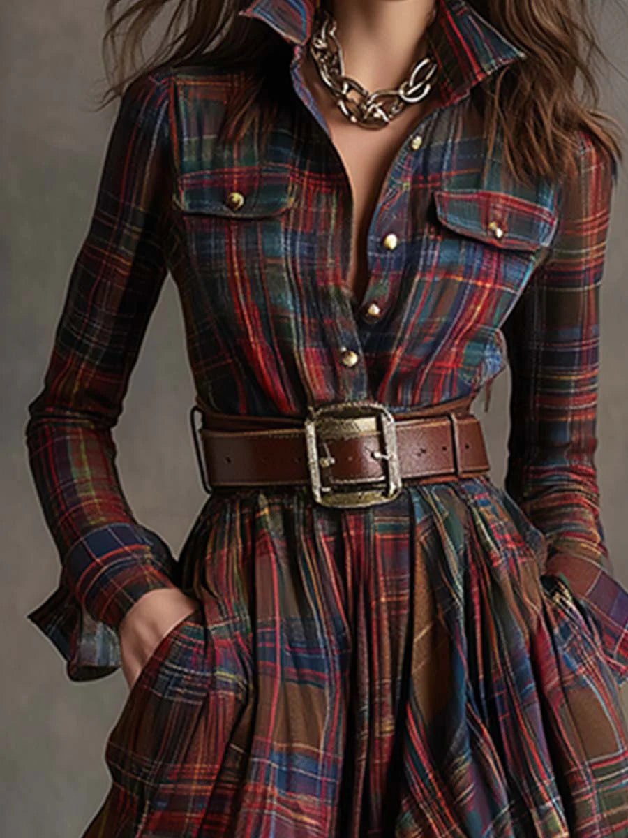 elegant red plaid shirt dress for women with adjustable belt refined feminine fashion perfect for office outfits and stylish occasions