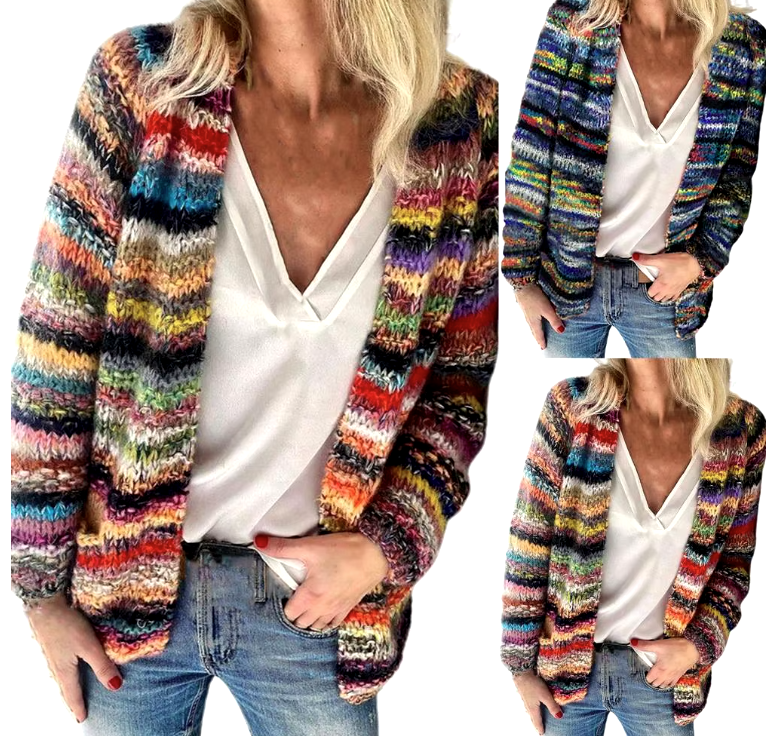 multicolor red striped open knit cardigan shown in multiple angles highlighting relaxed fit textured knit and casual urban styling perfect for everyday wear