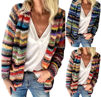 multicolor red striped open knit cardigan shown in multiple angles highlighting relaxed fit textured knit and casual urban styling perfect for everyday wear