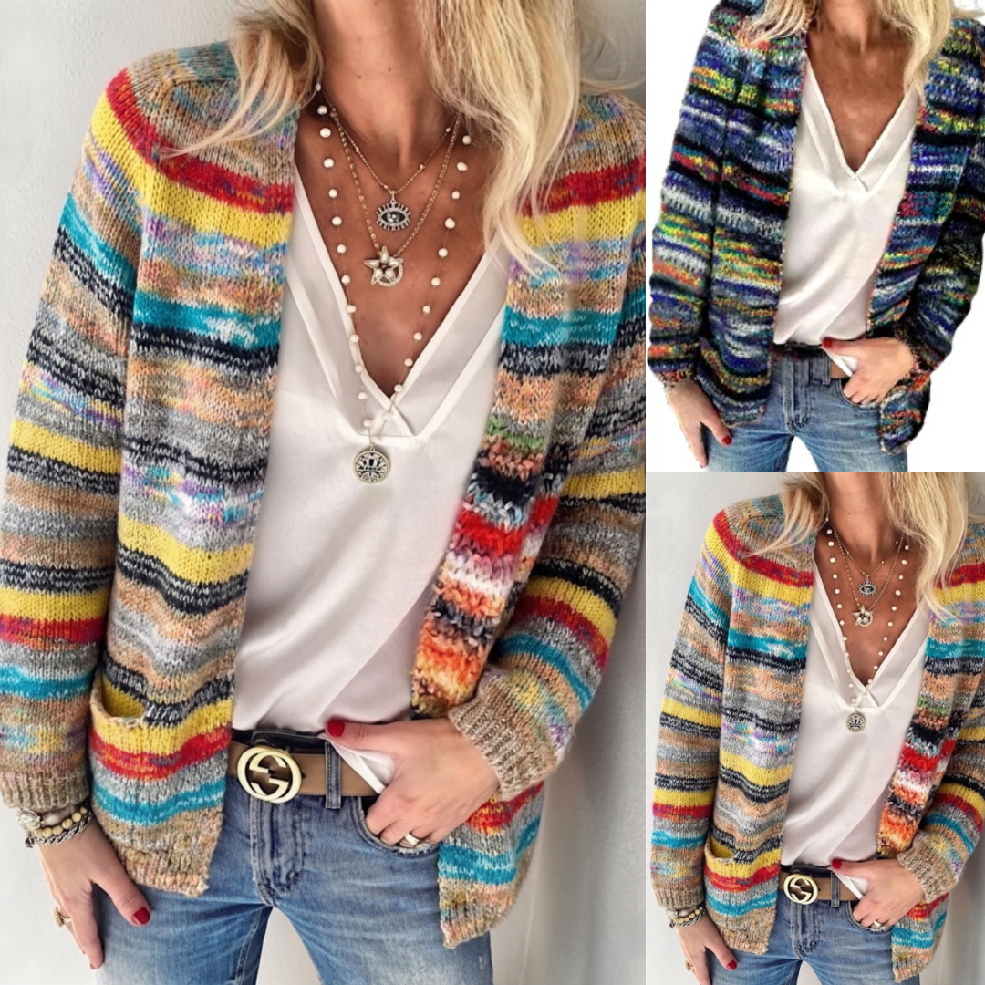 multicolor red striped open knit cardigan shown in multiple angles highlighting relaxed fit textured knit and casual urban styling perfect for everyday wear