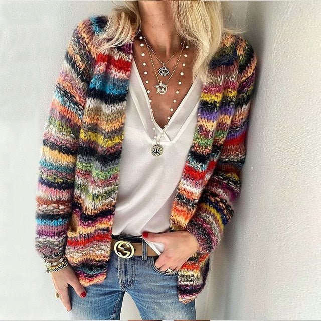 multicolor red striped open knit cardigan for women cozy casual urban style layering piece perfect for travel weekend outfits and relaxed everyday fashion